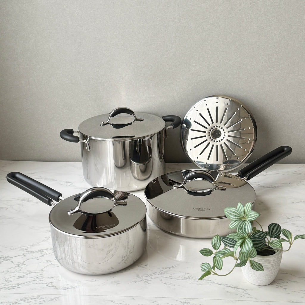 VISION 両手鍋＆フライパン片手鍋セット アンバーカラー iwaki 片手鍋｜両手鍋｜ステンレス鍋｜Velona nuovo 片手鍋・兼用鍋