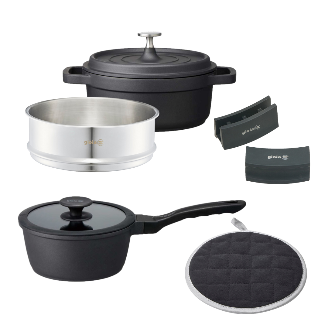 【新品　未使用】gioia キャセロール&蒸し器5点セット アルミ鍋｜アルミ鍋｜gioia キャセロール・蒸し器セット｜20cm｜24cm