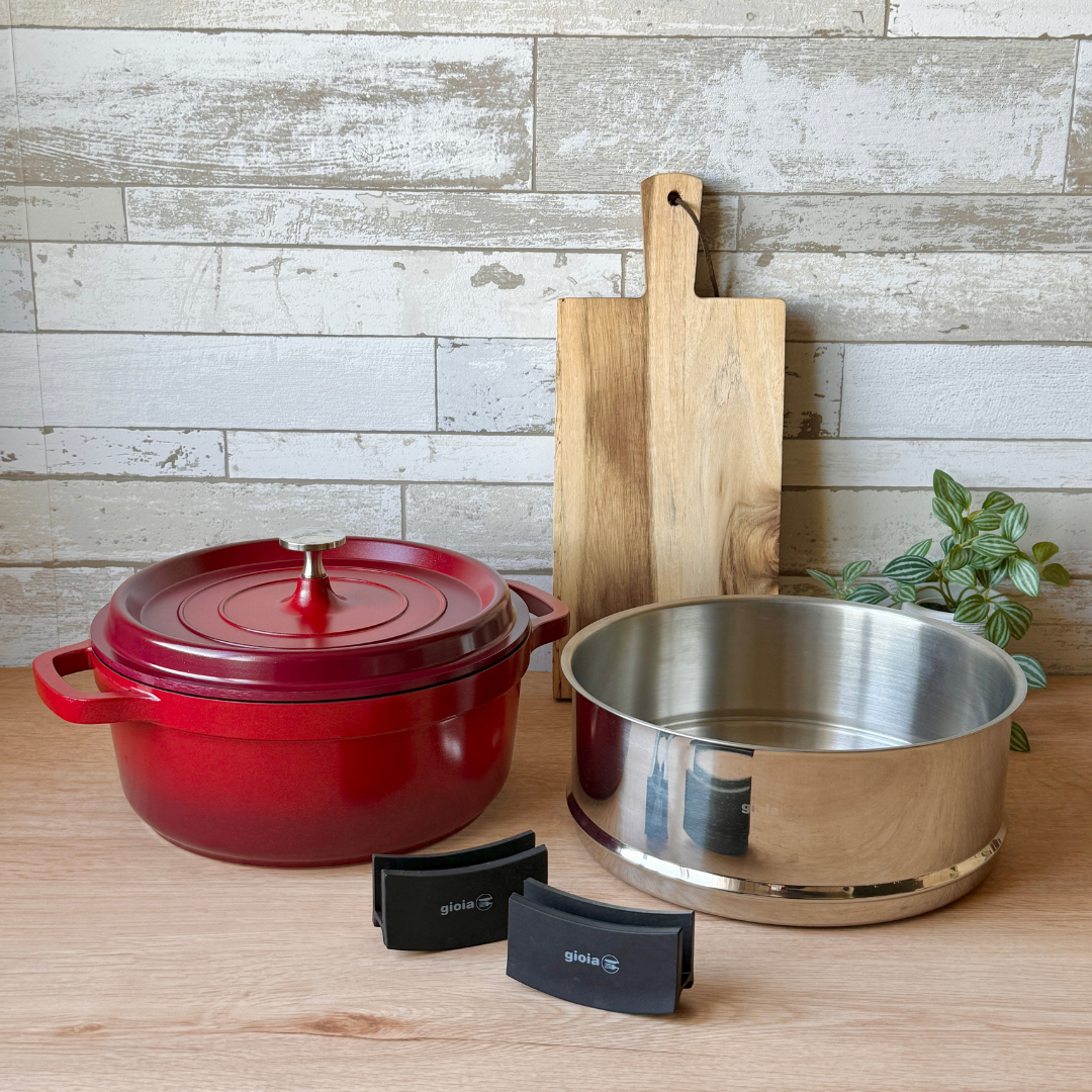 【新品　未使用】gioia キャセロール&蒸し器5点セット アルミ鍋｜アルミ鍋｜gioia キャセロール・蒸し器・ハンドルカバー・鍋